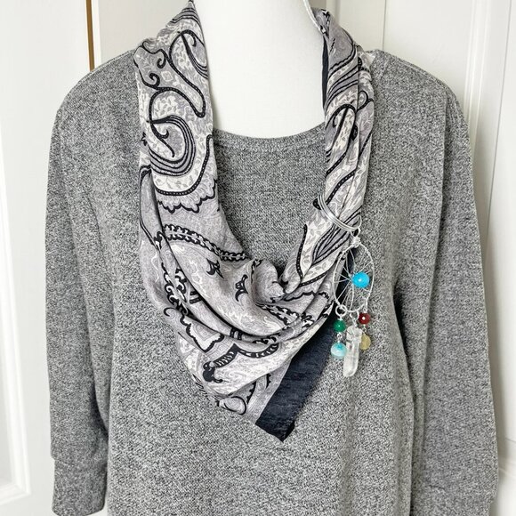 One-of Black & White Silk Bandanna w/ Gemstone Dreamcatcher Pendant Necklace Set - Picture 7 of 9